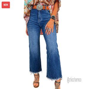 High Waisted Flared Jeans Stretchy Denim Raw Hem Cropped Wide Leg Pants